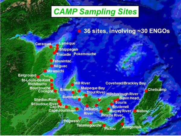 Map of the 36 Community Aquatic Monitoring Program sampling sites