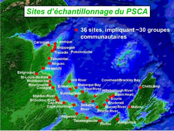 Carte des 36 sites d’échantillonnage du programme de surveillance de la communauté aquatique