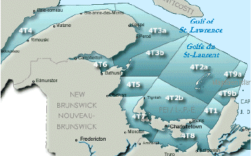 "Map showing the boundary lines of the groundfish fishing areas in the Gulf of St. Lawrence. There are twelve groundfish fishing areas and each area is assigned a name. The names of the groundfish fishing areas are as follows: Area 4T1, Area 4T2a, Area 4T2b, Area 4T3a, Area 4T3b, Area 4T4, Area 4T5, Area 4T6, Area 4T7, Area 4T8, Area 4T9a, and Area 4T9b. Each fishing area is delimited by specific geographical coordinates."