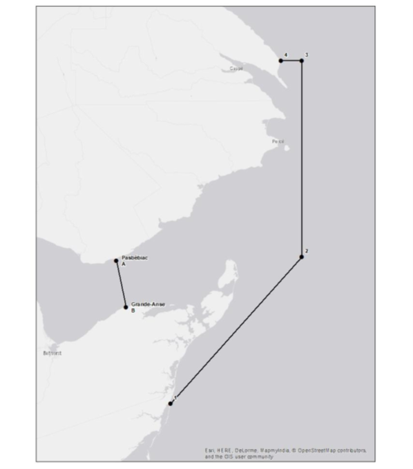 Chart 2 defines the line from Grande-Anse to Paspébiac and the Chaleurs Bay boundary line. The points illustrating the boundary lines are described below.