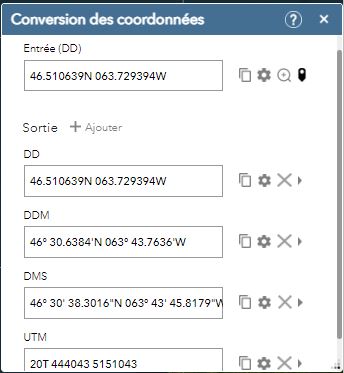 Fenêtre de conversion des données montrant des coordonnées
