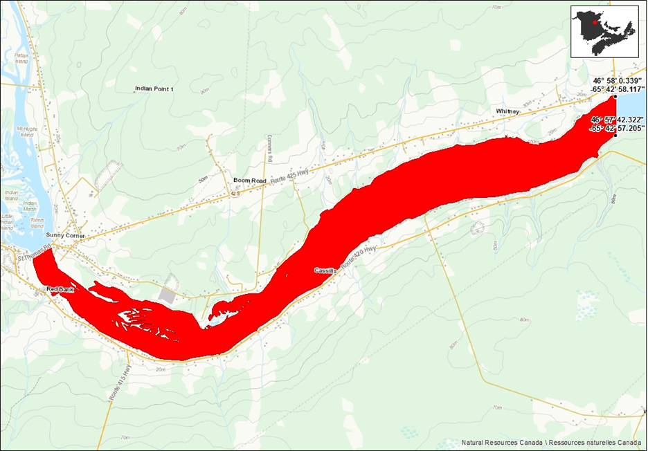 Map below shows a close up view of the Northwest Miramichi River in the Red Bank-Sunny Corner bridge to a line perpendicular to Route 435. 