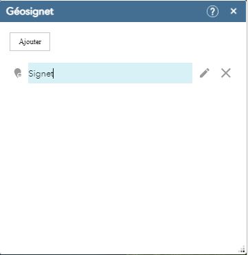 Fenêtre de géosignet avec le bouton Ajouter (en haut à gauche)