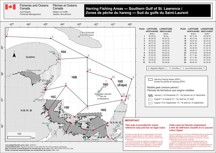 Map of herring fishing areas in the Southern Gulf of St. Lawrence, showing zones 16A to 16G, including sector boundaries, reference points, and seasonal mobile gear closure areas around Prince Edward Island, New Brunswick, Nova Scotia, Québec, and the Magdalen Islands.