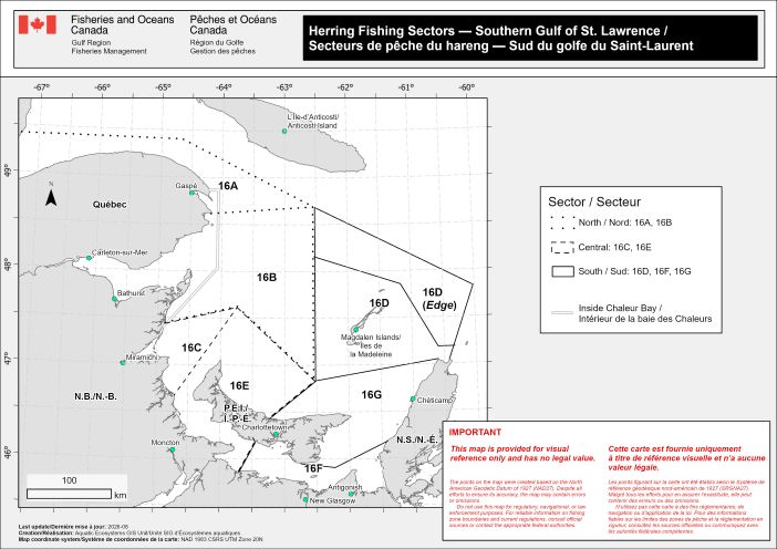 Map of the Southern Gulf of St. Lawrence showing herring fishing sectors 16A to 16G. The map identifies sector boundaries around Prince Edward Island, New Brunswick, Nova Scotia, Québec, the Magdalen Islands, and Anticosti Island, and highlights the area within Chaleur Bay.