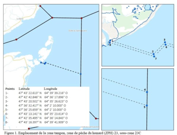 Figure 1: Emplacement de la zone tampon, zone de pêche du homard 23, sous zone 23, les points illustrant l'emplacement de la zone tampon sont défini ci-dessous.