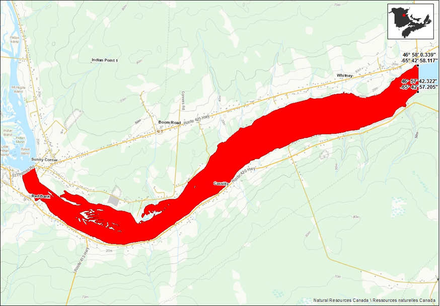 map showing the location of the spawning ground in the Miramichi River