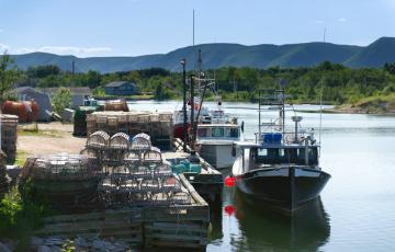 fishing vessel at a wharf with lobster traps
